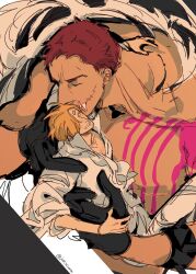 Rule 34 | 2boys, arm tattoo, black gloves, blonde hair, blue eyes, bracelet, charlotte katakuri, closed eyes, commentary, curly eyebrows, facial hair, fangs, gloves, hair over one eye, height difference, highres, jewelry, kissing hair, lifting person, looking at another, male focus, multiple boys, muscular, muscular male, one piece, pants, pectorals, purple hair, sanji (one piece), scarf, shirt, short hair, size difference, smile, stitched mouth, stitches, symbol-only commentary, tattoo, teeth, thi (just minhthi), twitter username, white pants, white shirt, yaoi