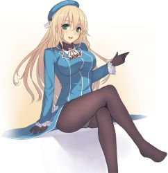 Rule 34 | 10s, 1girl, ascot, atago (kancolle), black gloves, black pantyhose, blonde hair, blue dress, breasts, crossed legs, dress, female focus, gloves, gradient background, green eyes, hat, kantai collection, large breasts, long hair, long legs, long sleeves, military, military uniform, musyne xsk, open mouth, panties, panties under pantyhose, pantyhose, smile, solo, underwear, uniform, very long hair, white panties