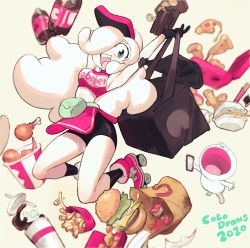 Rule 34 | bag, bike shorts, black gloves, black legwear, black shorts, borrowed character, bottle, bucket of chicken, burger, chicken (food), chicken leg, colo (nagrolaz), crop top, cup, dated, drink, drinking straw, food, fried chicken, gloves, hair over one eye, highres, ice, ice cube, long hair, looking at viewer, midriff, open mouth, original, pink footwear, pink shirt, pizza, pizza box, pizza slice, roller skates, shirt, shorts, signature, skates, smile, socks, very long hair, white hair, yellow background