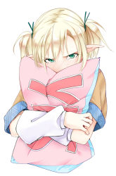 Rule 34 | 1girl, alternate hairstyle, arm warmers, blonde hair, blush, covered mouth, green eyes, hair ribbon, hugging object, kurokuro, looking at viewer, mizuhashi parsee, pillow, pillow hug, pointy ears, ribbon, shirt, simple background, solo, tears, touhou, two side up, white background, yes, yes-no pillow