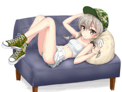 Rule 34 | 1girl, arm up, bandeau, baseball cap, blush, braid, breasts, brown eyes, brown hair, camouflage, camouflage footwear, camouflage headwear, closed mouth, collarbone, commentary request, couch, flipper, girls und panzer, hair between eyes, hand up, hat, knees up, long hair, lying, on back, on couch, panties, pillow, pleated skirt, shimada arisu, shoes, sidelocks, skirt, small breasts, smile, solo, striped clothes, striped panties, twin braids, twintails, underwear, white background, white bandeau, white skirt