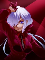 Rule 34 | 1girl, alternate costume, breasts, collared shirt, double-breasted, eyelashes, formal, gloves, grin, hair over one eye, highres, kirikase123, lipstick, long hair, makeup, necktie, purple eyes, red background, red gloves, red shirt, scrunchie, senki zesshou symphogear, shirt, silver hair, smile, solo, suit, twintails, yukine chris