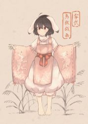 Rule 34 | 1girl, absurdres, animal ears, animal print, apron, bad id, bad pixiv id, barefoot, blush, brown hair, full body, highres, inaba tewi, long sleeves, parted lips, pink apron, rabbit ears, rabbit print, red eyes, red sash, sash, short hair, solo, standing, touhou, translation request, tsukiori, wide sleeves