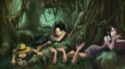 Rule 34 | 1girl, 3boys, black hair, blonde hair, book, brown eyes, extra arms, flower, freckles, goggles, goggles on headwear, hana hana no mi, hat, hiding, jungle, lead pipe, levianee, lying, monkey d. luffy, multiple boys, nature, nico robin, one piece, open book, ponytail, portgas d. ace, reading, sabo (one piece), scar, short hair, straw hat, top hat, aged down
