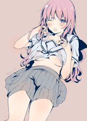 Rule 34 | 1girl, absurdres, blouse, blush, breasts, brown background, character request, clothes lift, copyright request, eyelashes, hand in own hair, highres, looking at viewer, lying, medium breasts, midriff peek, on back, one eye closed, open mouth, purple eyes, purple hair, school uniform, serafuku, shirt, shirt lift, simple background, sketch, solo, tearing up, underboob, white shirt, yu yu