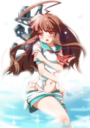 Rule 34 | 10s, 1girl, ahoge, bad id, bad pixiv id, brown eyes, brown hair, groin, highres, kantai collection, kazushima, kuma (kancolle), long hair, machinery, navel, open mouth, personification, ribbon, solo, tears, torn clothes