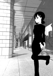 Rule 34 | 1girl, black hair, blush, business suit, chainsaw man, city, formal, greyscale, hair ornament, hairclip, higashiyama kobeni, highres, hiroiki, long sleeves, looking at viewer, looking back, mole, mole under eye, monochrome, office lady, outdoors, short hair, solo, standing, suit