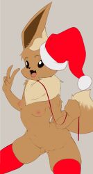 Rule 34 | 1girl, absurdres, animal ears, black eyes, blonde hair, body fur, breasts, brown fur, christmas, cleft of venus, clenched hand, cowboy shot, creatures (company), eevee, fang, female focus, fir3born, flat color, fox ears, fox girl, fox tail, furry, furry female, game freak, gen 1 pokemon, grey background, groin, hands up, happy, hat, highres, holding, holding leash, leash, navel, nintendo, nipples, nude, open mouth, personification, pokemon, pokemon (creature), pom pom (clothes), pussy, red hat, red thighhighs, santa hat, short hair, simple background, skin fang, skindentation, small breasts, smile, solo, spread legs, standing, stomach, tail, thighhighs, thighs, two-tone fur, uncensored, v, yellow fur