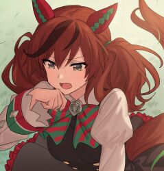 Rule 34 | 1girl, bad link, bow, bowtie, brown eyes, brown hair, chorefuji, collared shirt, commentary request, day, ear covers, eyelashes, falling leaves, grass, hair between eyes, hand up, highres, horse girl, horse tail, leaf, long hair, long sleeves, multicolored hair, nice nature (umamusume), open mouth, outdoors, puffy sleeves, shirt, solo, streaked hair, striped, striped bow, sweat, tail, tongue, twintails, umamusume, white shirt