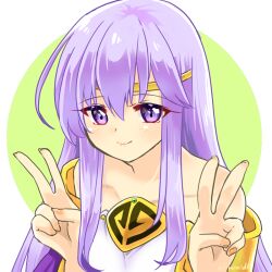 Rule 34 | 1girl, bare shoulders, circlet, commentary request, double v, dress, fire emblem, fire emblem: genealogy of the holy war, hands up, julia (fire emblem), large hands, long hair, nintendo, purple eyes, purple hair, simple background, smile, solo, v, yukia (firstaid0)