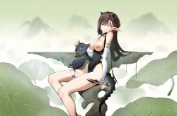 Rule 34 | 1girl, absurdres, arknights, arm support, baku (creature), bestiality, black hair, black one-piece swimsuit, blacknight (arknights), blacknight (summer flower) (arknights), casual one-piece swimsuit, clothes pull, creature, detached sleeves, flower, ghosty (xiaobai), green nails, highres, inverted nipples, long hair, lotus, material growth, mole above eye, multicolored hair, nail polish, one-piece swimsuit, one-piece swimsuit pull, oripathy lesion (arknights), pointy ears, swimsuit, thigh strap