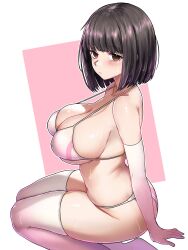 Rule 34 | 1girl, bare shoulders, bikini, black hair, bob cut, breasts, brown eyes, cleavage, closed mouth, collarbone, commentary, ebora, elbow gloves, english commentary, expressionless, from side, gloves, gradient gloves, gradient legwear, highres, kneeling, large breasts, looking at viewer, pink background, pink gloves, pink thighhighs, short hair, solo, string bikini, sweat, swimsuit, takitsubo rikou, thighhighs, toaru kagaku no railgun, toaru majutsu no index, two-tone background, white background, white bikini, white gloves, white thighhighs