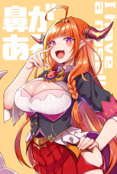 Rule 34 | 1girl, ahoge, black hairband, black jacket, blonde hair, blunt bangs, blush, bow, braid, breasts, brooch, chain, chain necklace, cleavage, cleavage cutout, clothing cutout, collared shirt, commentary request, cowboy shot, diagonal-striped bow, dragon girl, dragon horns, english text, fangs, fingernails, gem, hair ornament, hairband, hand on own hip, hand up, highres, hip vent, hololive, horn bow, horn ornament, horns, jacket, jewelry, kiryu coco, kiryu coco (1st costume), konboi-eg, large breasts, long hair, looking at viewer, miniskirt, multicolored eyes, multicolored hair, necklace, open mouth, orange hair, pleated skirt, pointing, pointy ears, purple eyes, red eyes, red skirt, scales, shirt, side-tie skirt, simple background, single braid, skirt, slit pupils, smile, smug, solo, streaked hair, striped, striped bow, tail, text background, text focus, translation request, very long hair, virtual youtuber, white shirt, wings, yellow background