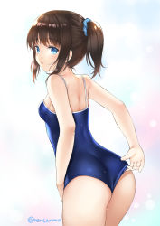 Rule 34 | 1girl, absurdres, ass, back, bare arms, bare shoulders, blue one-piece swimsuit, blush, brown hair, clothes pull, commentary request, competition school swimsuit, cowboy shot, from behind, hair ornament, highres, looking at viewer, looking back, one-piece swimsuit, one-piece swimsuit pull, original, parted lips, polka dot, polka dot scrunchie, pulled by self, ren san, school swimsuit, scrunchie, short hair, side ponytail, sidelocks, solo, standing, swimsuit, twisted neck, twitter username, wet, wet clothes, wet swimsuit