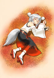 Rule 34 | 1girl, animal ears, autumn leaves, bare shoulders, blush, breasts, detached sleeves, closed eyes, geta, hat, highres, inubashiri momiji, leaf, midriff, navel, noronosuke, open mouth, pom pom (clothes), short hair, silver hair, sleeping, small breasts, tail, tokin hat, touhou, wolf ears, wolf tail