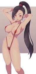 Rule 34 | 1girl, areola slip, arms behind head, bare shoulders, black hair, breasts, brown background, cleavage, dragon quest, dragon quest xi, eyelashes, female pubic hair, hair tie, highres, lamb-oic029, long hair, martina (dq11), navel, one-piece swimsuit, ponytail, pubic hair, pubic hair peek, purple eyes, red one-piece swimsuit, slingshot swimsuit, smile, solo, square enix, standing, swimsuit, very long hair, white background