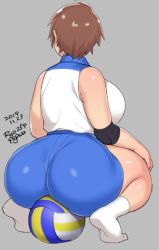 Rule 34 | 1girl, agawa ryou, ass, ball, bare shoulders, between buttocks, blue shorts, breasts, brown eyes, brown hair, commentary, curvy, dated, elbow pads, english commentary, from behind, full body, grey background, huge ass, huge breasts, looking to the side, no shoes, original, pants, shirt, short hair, shorts, signature, single elbow pad, sitting on ball, sleeveless, sleeveless shirt, socks, solo, sportswear, squatting, thick thighs, thighs, tight clothes, tight pants, tomboy, volleyball (object), volleyball uniform, white socks