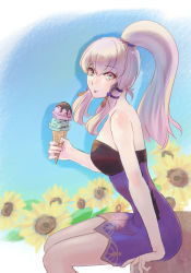 Rule 34 | 1girl, alternate hairstyle, bare shoulders, breasts, fire emblem, fire emblem: three houses, flower, food, highres, ice cream, jewelry, long hair, lysithea von ordelia, nintendo, pink eyes, ponytail, riou (pooh920), sitting, small breasts, solo, sunflower, swimsuit, tongue, tongue out, white hair
