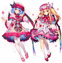 Rule 34 | 2girls, ainy, alternate costume, bat wings, blonde hair, blue hair, blush, bow, bowtie, capelet, closed mouth, commentary request, crystal, dress, finger to mouth, flandre scarlet, footwear bow, frills, full body, gradient dress, hair between eyes, hat, hat bow, highres, looking at viewer, mob cap, multicolored bow, multicolored clothes, multicolored dress, multiple girls, one side up, open mouth, pink capelet, pink dress, pink footwear, pink headwear, red bow, red eyes, red neckwear, remilia scarlet, shoes, short hair with long locks, siblings, simple background, sisters, smile, touhou, white background, white bow, white legwear, wide sleeves, wings