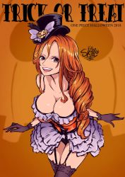 Rule 34 | 1girl, bare arms, bare shoulders, black gloves, breasts, brown eyes, cleavage, curly hair, dress, frilled dress, frills, garter straps, gloves, halloween, highres, large breasts, leaning forward, long hair, nami (one piece), one piece, open mouth, orange background, orange hair, sherumaru (korcht06), simple background, smile, source request, text focus, trick or treat