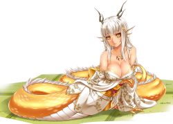 Rule 34 | 1girl, animal hands, bare shoulders, body jewelry, breasts, cleavage, dragon, dragon girl, eastern dragon, fins, gem, hair ornament, head fins, horns, japanese clothes, jewelry, kimono, large breasts, long hair, looking at viewer, magatama, midnight (banyex), monster girl, monster girl encyclopedia, ryuu (monster girl encyclopedia), scales, simple background, slit pupils, solo, tatami, tattoo, white hair, yellow eyes