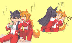 Rule 34 | 2girls, ^^^, animal ears, artist name, bandaid, bandaid on face, bandaid on nose, black hair, bow, can, cheek pull, closed mouth, commentary request, drink can, ear bow, hands on another&#039;s cheeks, hands on another&#039;s face, holding, holding can, horse ears, horse girl, horse tail, jacket, long hair, long sleeves, mayano top gun (umamusume), motion lines, mukakin, multiple girls, multiple views, narita brian (umamusume), open mouth, orange hair, pants, ponytail, red jacket, red pants, simple background, sitting, smile, soda can, standing, tail, track jacket, translation request, two side up, umamusume, yellow background, yellow eyes