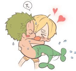 Rule 34 | &gt; &lt;, 2boys, blonde hair, blush stickers, collared shirt, curly eyebrows, facial hair, goatee, green hair, hair over one eye, heart, interspecies, kiss, kissing cheek, leg hair, loose necktie, male focus, merman, monster boy, monsterification, motion lines, multiple boys, necktie, no.6 (numberr 6), one piece, roronoa zoro, sanji (one piece), shirt, short hair, tail, tail wagging, wet, yaoi