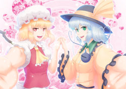Rule 34 | &gt;:d, 2girls, :d, ascot, blonde hair, bow, dress, female focus, flandre scarlet, foreshortening, green eyes, holding hands, hat, hat bow, hat ribbon, heart, heart-shaped pupils, komeiji koishi, multiple girls, nazal, open mouth, outstretched arm, red eyes, ribbon, short hair, side ponytail, silver hair, smile, sun hat, symbol-shaped pupils, third eye, touhou, v-shaped eyebrows, wings