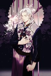 Rule 34 | 1boy, absurdres, cherry blossoms, clenched hand, closed mouth, cowboy shot, fingernails, grey eyes, hand on own chest, highres, illumi999, long hair, looking at viewer, male focus, original, parted bangs, serious, solo, standing, white hair