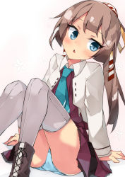 Rule 34 | 1girl, beritabo, blue eyes, blue necktie, blue panties, blush, boots, brown footwear, brown hair, collared shirt, cross-laced footwear, dress, floral background, gradient background, grey thighhighs, head tilt, highres, jacket, kantai collection, kazagumo (kancolle), knees together feet apart, knees up, lace-up boots, long hair, necktie, open clothes, open jacket, panties, parted lips, pink background, pleated dress, ponytail, purple dress, shirt, sitting, sleeveless, sleeveless dress, solo, thighhighs, thighhighs under boots, underwear, very long hair, white background, white jacket, white shirt