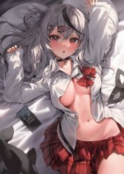 Rule 34 | 1girl, black choker, black hair, choker, grey hair, hair ornament, hairclip, highres, hololive, long hair, looking at viewer, lying, multicolored hair, navel, on back, open clothes, open mouth, open shirt, parsley-f, phone, pleated skirt, red eyes, red skirt, sakamata chloe, shirt, skirt, sleeves past wrists, solo, streaked hair, virtual youtuber, white shirt