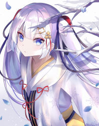 Rule 34 | 1girl, absurdres, blunt bangs, branch, commentary, eyeliner, falling petals, fortissimo, hair ornament, hairclip, hatsune miku, highres, japanese clothes, kimono, makeup, musical note, musical note hair ornament, noneon319, obi, petals, sash, snow, snowflake print, snowing, solo, upper body, vocaloid, white background, white hair, white kimono, winter, yuki miku, yuki miku (2018)