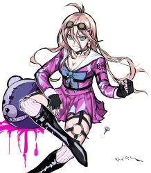 Rule 34 | 1girl, antenna hair, bad id, bad twitter id, black footwear, black gloves, blonde hair, blood, blue eyes, boots, breasts, choker, cleavage, collarbone, commentary request, danganronpa (series), danganronpa v3: killing harmony, fingerless gloves, gloves, goggles, goggles on head, green eyes, grin, hair between eyes, hand up, highres, invisible chair, iruma miu, knee boots, long hair, looking at viewer, medium breasts, monokuma, pink blood, pleated skirt, school uniform, serafuku, shiny clothes, signature, simple background, sitting, skirt, smile, solo, suzumetarou, white background