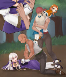 Rule 34 | 2boys, 2girls, :d, absurdres, angry, annette fantine dominic, ass, bdsm, black footwear, blue footwear, bondage, bound, carrying, cloth gag, dress, fire emblem, fire emblem: three houses, forest, gag, gagged, hazuki (nyorosuke), high heels, highres, improvised gag, long hair, long sleeves, looking back, lying, lysithea von ordelia, multiple boys, multiple girls, nature, nintendo, open mouth, outdoors, pantyhose, pink eyes, purple dress, rope, shibari, smile, tied up (nonsexual), white hair, white pantyhose