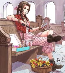 Rule 34 | 1girl, aerith gainsborough, basket, beer can, boots, bow, braid, braided ponytail, brown hair, can, cellphone, church, cigarette, doughnut, dress, drill hair, drink can, final fantasy, final fantasy vii, food, gun, highres, jacket, long dress, oyster pail, pew, phone, pink bow, pink dress, raikou (ff), red jacket, side drill, sitting, smartphone, solo, submachine gun, takeout container, weapon