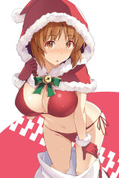 Rule 34 | 1girl, bell, bikini, blush, breasts, brown eyes, brown hair, capelet, christmas, cleavage, commentary request, cowboy shot, girls und panzer, gloves, groin, hand on own thigh, hat, highres, large breasts, leaning forward, looking at viewer, nakamura yukitoshi, navel, nishizumi miho, parted lips, red bikini, red gloves, sack, santa bikini, santa costume, santa hat, short hair, side-tie bikini bottom, simple background, solo, standing, swimsuit, white background