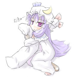 Rule 34 | 1girl, :&lt;, bad id, bad pixiv id, female focus, full body, natsuki (silent selena), hugging object, patchouli knowledge, pillow, pillow hug, sitting, solo, touhou, translated, white background