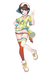 Rule 34 | 1girl, :d, asymmetrical legwear, baseball cap, black hair, blush, breasts, collarbone, full body, green eyes, hand on own hip, hand up, hat, hololive, index finger raised, leilin, megaphone, mismatched legwear, oozora subaru, oozora subaru (1st costume), open mouth, red thighhighs, shirt, shoes, short shorts, short sleeves, shorts, sideways hat, simple background, small breasts, smile, solo, standing, standing on one leg, stopwatch, stopwatch around neck, striped clothes, striped shirt, teeth, thighhighs, tied shirt, upper teeth only, vertical-striped clothes, vertical-striped shirt, virtual youtuber, watch, whistle, whistle around neck, white background, white footwear, white hat, white shorts, white thighhighs, wristband