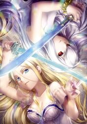 Rule 34 | 2girls, aqua eyes, blade, blonde hair, blue eyes, claire (rain), cover, cover image, cover page, duel, energy, energy sword, glaring, glowing, glowing weapon, gun, hand on hilt, hands on hilt, highres, holding, holding sword, holding weapon, katana, lietus, long hair, looking at viewer, michelle (rain), multiple girls, rain (sumikawa megumi), red eyes, shelfa (sumikawa megumi), sword, third-party edit, weapon, white hair