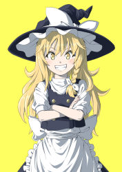 Rule 34 | 1girl, apron, black hat, black skirt, black vest, blonde hair, blush, bow, braid, buttons, check commentary, clenched teeth, commentary request, cowboy shot, crossed arms, frilled apron, frills, grin, hair bow, hat, hat bow, hat ribbon, highres, inuno rakugaki, kirisame marisa, long hair, puffy short sleeves, puffy sleeves, ribbon, sash, shirt, short sleeves, side braid, single braid, skirt, smile, smug, solo, teeth, touhou, turtleneck, v-shaped eyebrows, vest, waist apron, white apron, white bow, white ribbon, white sash, white shirt, witch hat, yellow background, yellow eyes