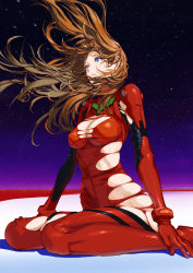 Rule 34 | 1girl, absurdres, aged up, blue eyes, bodysuit, breasts, brown hair, crying, crying with eyes open, curvy, evangelion: 3.0+1.0 thrice upon a time, floating hair, from above, full body, hair down, highres, kiyohisa, long hair, looking at viewer, looking away, looking up, medium breasts, neon genesis evangelion, night, night sky, parted lips, plugsuit, rebuild of evangelion, red bodysuit, shiny clothes, shiny skin, sitting, skin tight, sky, solo, souryuu asuka langley, star (sky), starry sky, tears, torn bodysuit, torn clothes, very long hair, wide hips, wind