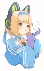 Rule 34 | 1girl, animal ear headphones, animal ears, blonde hair, blue archive, blue bow, blush, bottle, bow, fake animal ears, green eyes, hair bow, headphones, highres, holding, holding bottle, jacket, marekamico, midori (blue archive), open mouth, short hair, simple background, sleeves past fingers, sleeves past wrists, solo, sweat, track jacket, upper body, white background