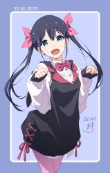 Rule 34 | 1girl, :d, black dress, black hair, blue eyes, bow, bowtie, dated, dress, hair bow, hands up, highres, long hair, long sleeves, looking at viewer, nii manabu, open mouth, original, pink bow, pink bowtie, purple background, shirt, signature, simple background, sleeveless, sleeveless dress, smile, solo, standing, twintails, white shirt