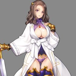Rule 34 | 1girl, armor, breasts, bright pupils, brown hair, cleavage, cleavage cutout, clothing cutout, commentary request, cowboy shot, eiyuu senki, gluteal fold, greaves, grey background, hair ornament, highres, jewelry, large breasts, long hair, looking at viewer, necklace, ooyari ashito, panties, parted bangs, parted lips, purple eyes, robe, simple background, solo, string panties, sword, thighhighs, underwear, weapon, wrist cuffs