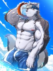 Rule 34 | 1boy, abs, alternate costume, animal ears, ball, bara, bare pectorals, blue male swimwear, bulge, chest hair, fluffy, furry, furry male, grey fur, grey hair, headband, highres, holding, holding ball, horkeu kamui, large pectorals, looking at viewer, male focus, male swimwear, muscular, muscular male, navel, nipples, pectorals, scar, scar on arm, scar on chest, short hair, sky, smile, solo, stomach, summer, swim trunks, tail, tepen (tptptpn), thick thighs, thighs, tokyo houkago summoners, two-tone fur, water, wet, white fur, wolf boy, wolf ears, wolf tail, yellow eyes
