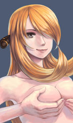 Rule 34 | 1girl, blonde hair, breast lift, bule, creatures (company), cynthia (pokemon), game freak, grey eyes, hair over one eye, highres, lips, looking at viewer, nail polish, nintendo, nude, pokemon, smile, solo, upper body