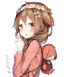 Rule 34 | 1girl, absurdres, backpack, bad id, bad twitter id, bag, braid, brown hair, flower, from side, head wreath, highres, long hair, looking back, open mouth, original, shirt, solo, sprbouuz, stuffed toy, twin braids, twintails, upper body
