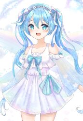 1girl :d bare_shoulders blue_eyes blue_hair collarbone commentary_request dress fairy_wings hair_between_eyes hatsune_miku highres long_hair long_sleeves looking_at_viewer open_mouth pleated_dress see-through_clothes see-through_sleeves smile solo standing sunameri_(pixiv3564245) twintails very_long_hair vocaloid white_dress wide_sleeves wings