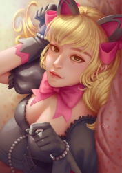 Rule 34 | 1girl, animal ears, artist name, bead bracelet, beads, black cat d.va, black dress, black gloves, blonde hair, bow, bowtie, bracelet, breasts, brown eyes, cat ears, cleavage, corset, d.va (overwatch), dress, from above, gloves, heart, jewelry, light smile, lips, lolita fashion, looking at viewer, looking up, lying, medium breasts, nose, official alternate costume, on back, overwatch, overwatch 1, paw pose, pink background, pink bow, pink lips, poppyminty, puffy sleeves, realistic, short sleeves, signature, solo, twintails, upper body