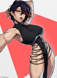 Rule 34 | 1girl, abs, absurdres, black hair, blue eyes, blush, breasts, covered erect nipples, highres, kill la kill, large breasts, looking at viewer, matoi ryuuko, multicolored hair, muscular, muscular female, piercing, red hair, short hair, solo, stopu, streaked hair, tongue, tongue out, tongue piercing, two-tone hair